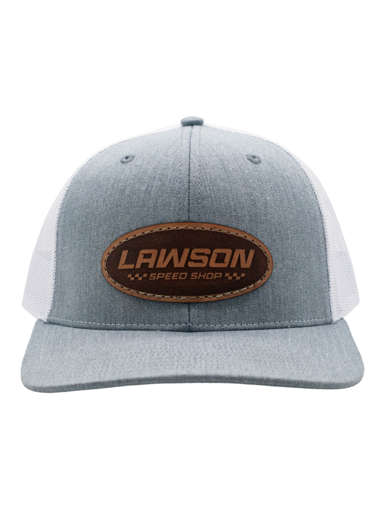 Front of a White and Grey Hat with a Lawson Speed Shop Logo Pressed on Leather on It.