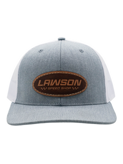 Front of a White and Grey Hat with a Lawson Speed Shop Logo Pressed on Leather on It.