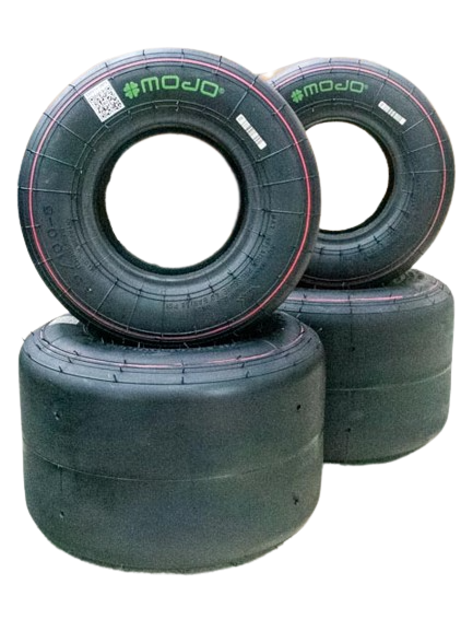Full Set of Mojo D2xx 4.5/10-5 and 7.10/11-5 Tires. The Two Skinny Front Tires are on Top of the Two Thick Rear Tires. Tires are for Junior and Senior Karts.