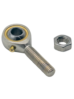 Front Left View of an 8mm Tie Rod End with Jam Nut to the Right of It.