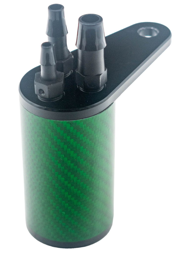 High Right Angled Top View of the Green LO206 Carbon Fiber Lightweight Catch Can.