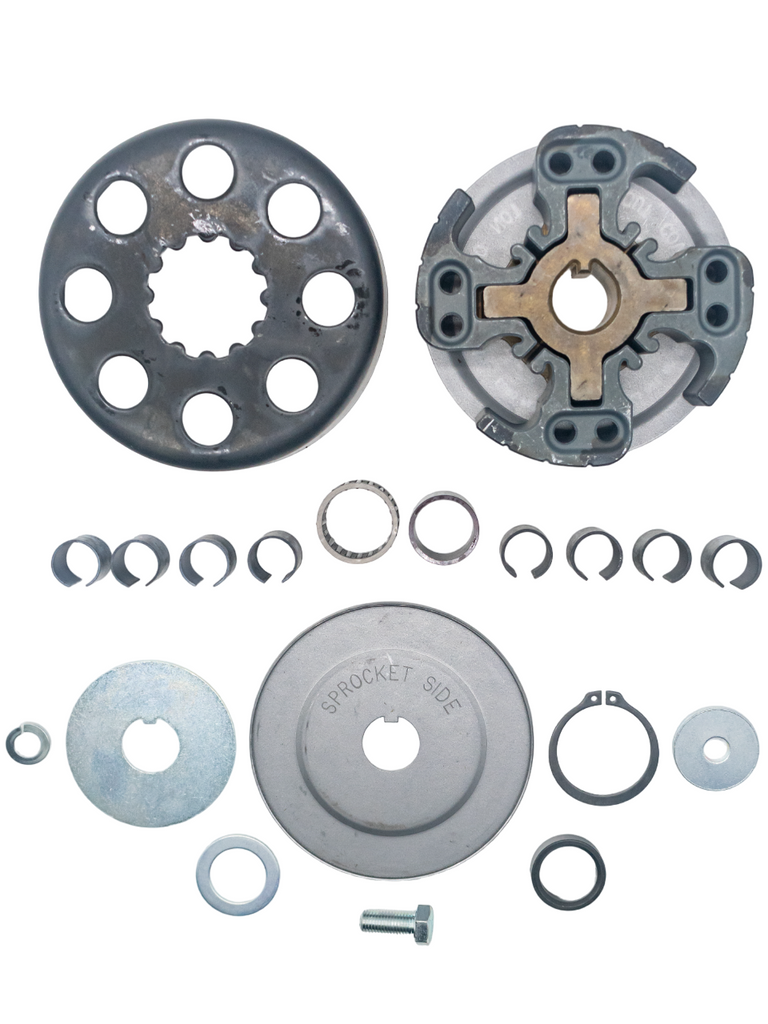 Top Down View of a Complete Hilliard Flame Clutch Kit with an OEM Drum and Sprocket.