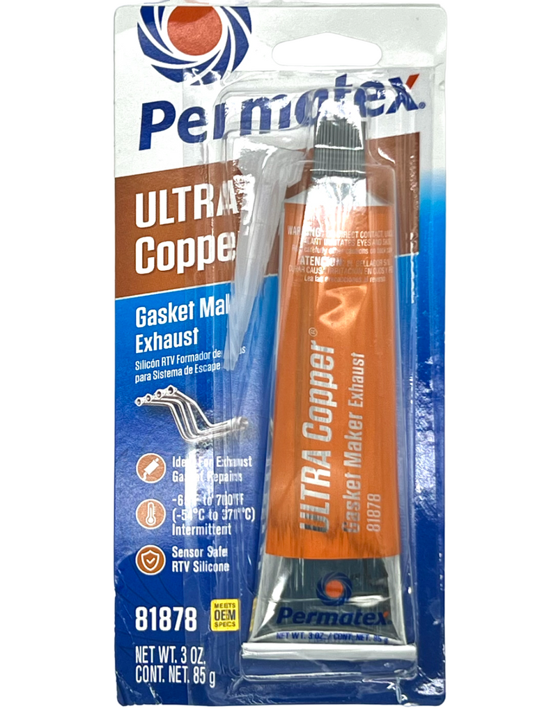 Front of a Permatex Ultra Copper High Temperature Exhaust Gasket Maker 3 oz Package.