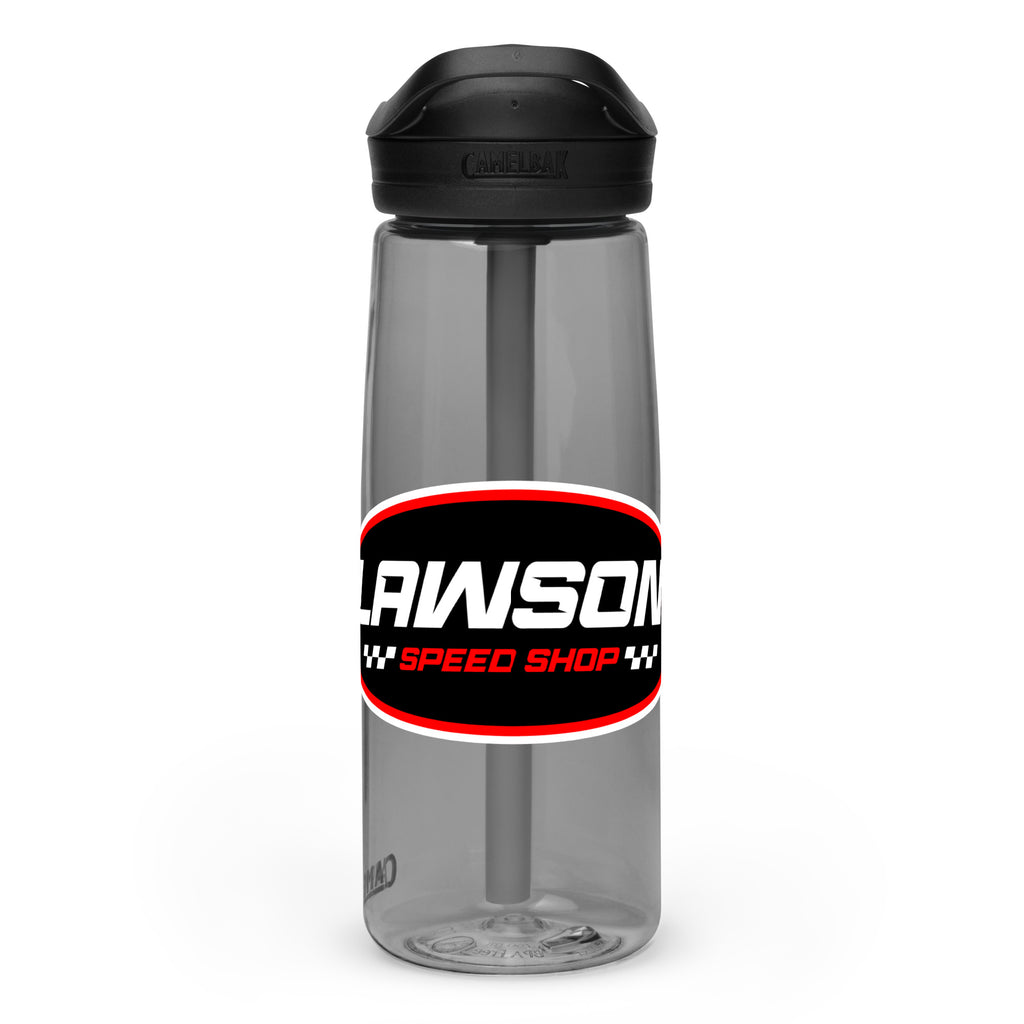 Front of a Black Lawson Speed Shop Water Bottle.