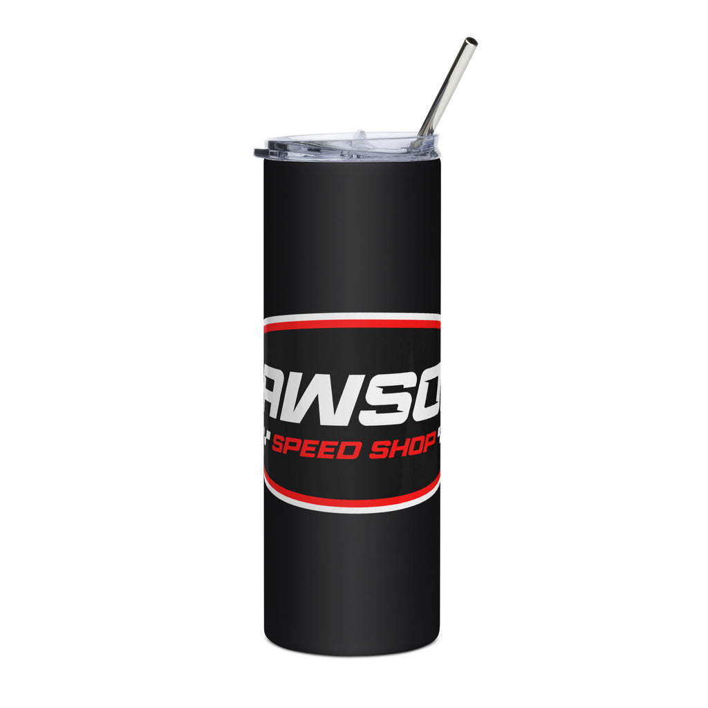 Front of a Black Lawson Speed Shop Steel Tumbler.