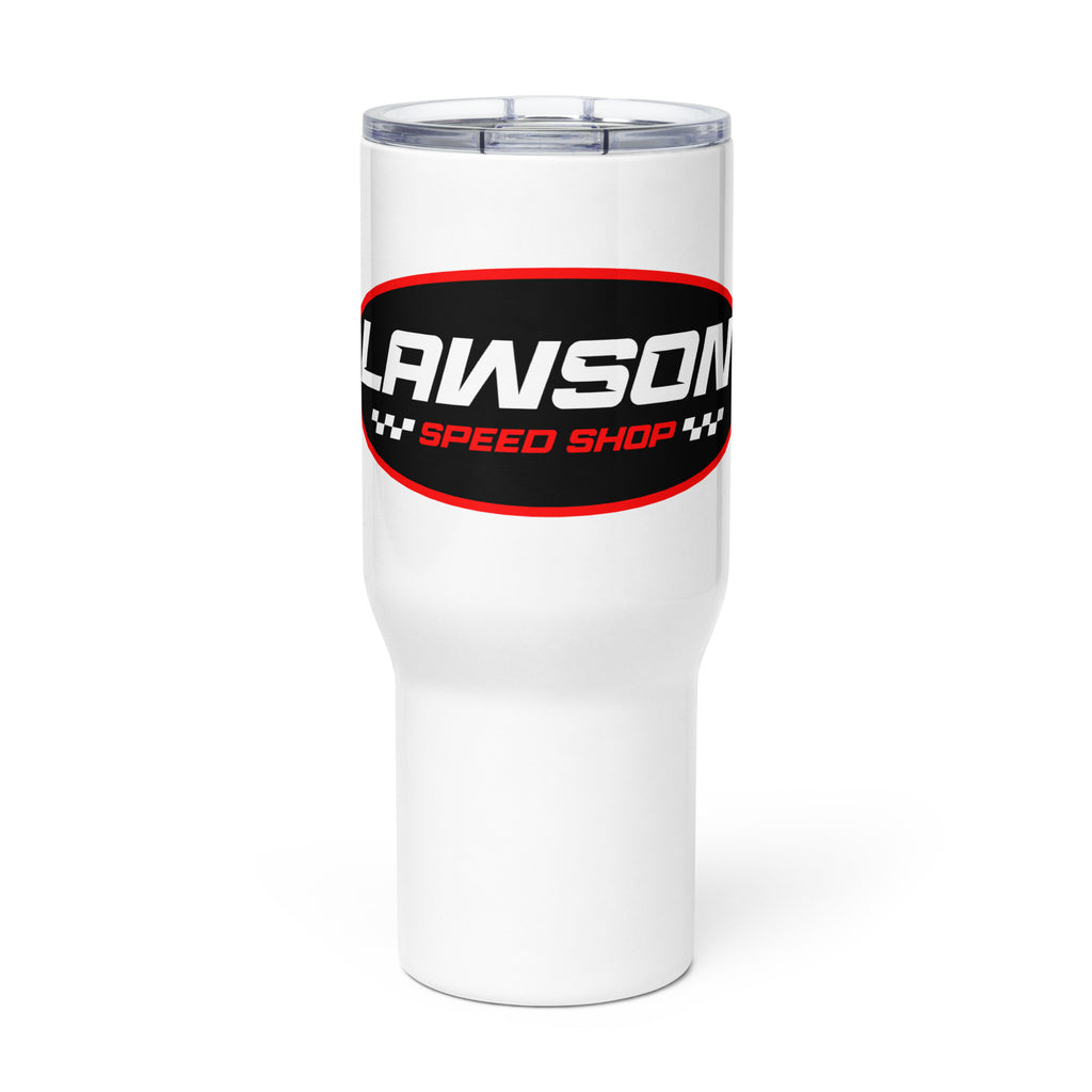 Front of a White Lawson Speed Shop Travel Mug with a Handle.