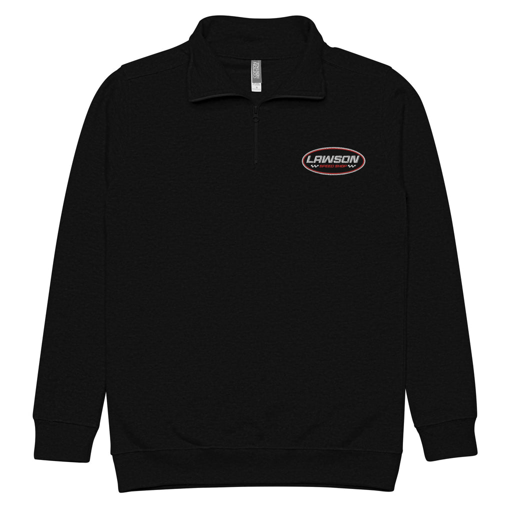 Front of a Black Lawson Speed Shop Unisex Fleece Pullover.