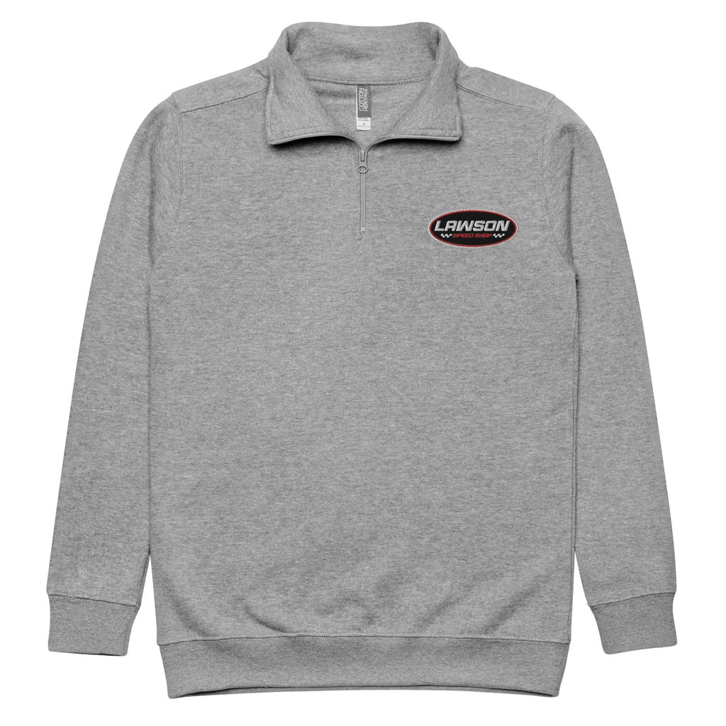 Front of a Grey Lawson Speed Shop Unisex Fleece Pullover.