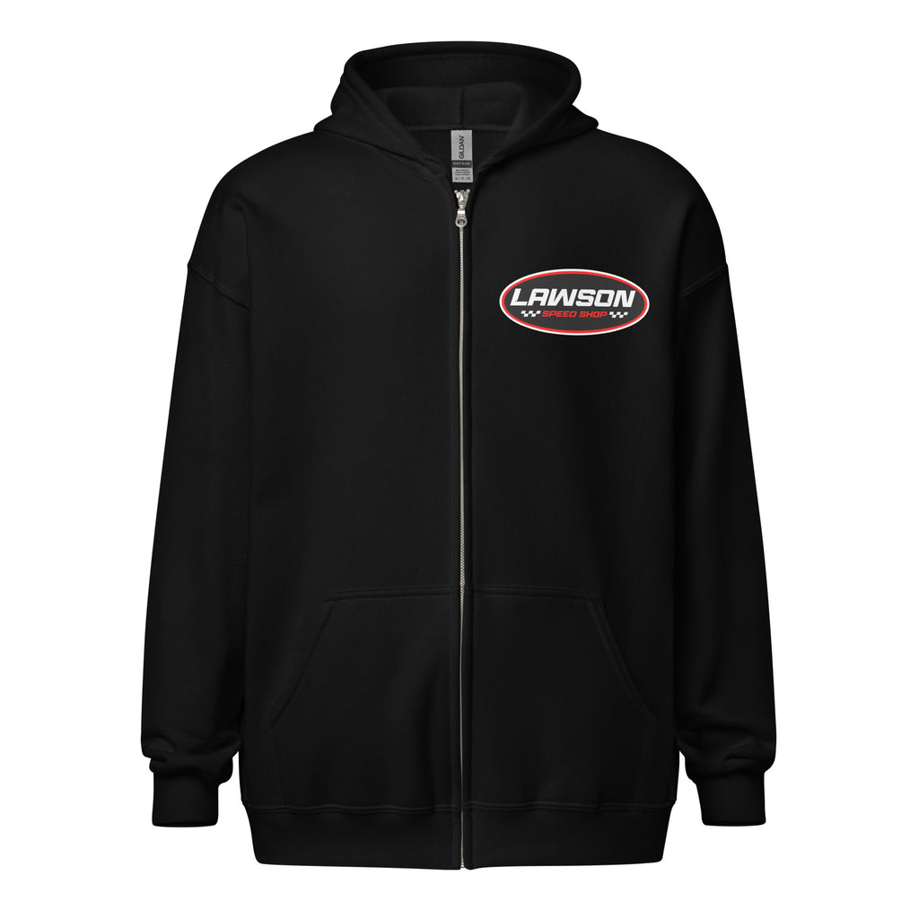 Front of a Black Lawson Speed Shop Unisex Heavy Blend Zip Hoodie.