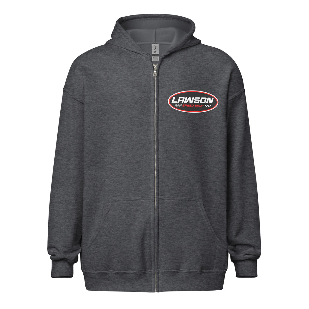 Front of a Dark Grey Lawson Speed Shop Unisex Heavy Blend Zip Hoodie.