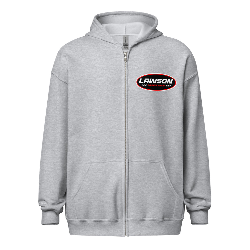 Front of a Light Grey Lawson Speed Shop Unisex Heavy Blend Zip Hoodie.