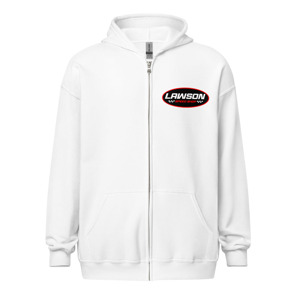 Front of a White Lawson Speed Shop Unisex Heavy Blend Zip Hoodie.