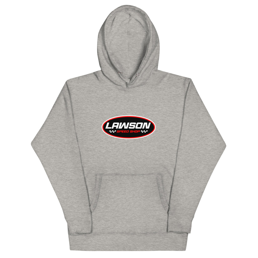 Front of a Light Grey Lawson Speed Shop Unisex Hoodie.