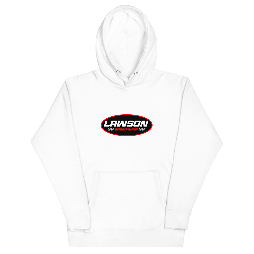 Front of a White Lawson Speed Shop Unisex Hoodie.