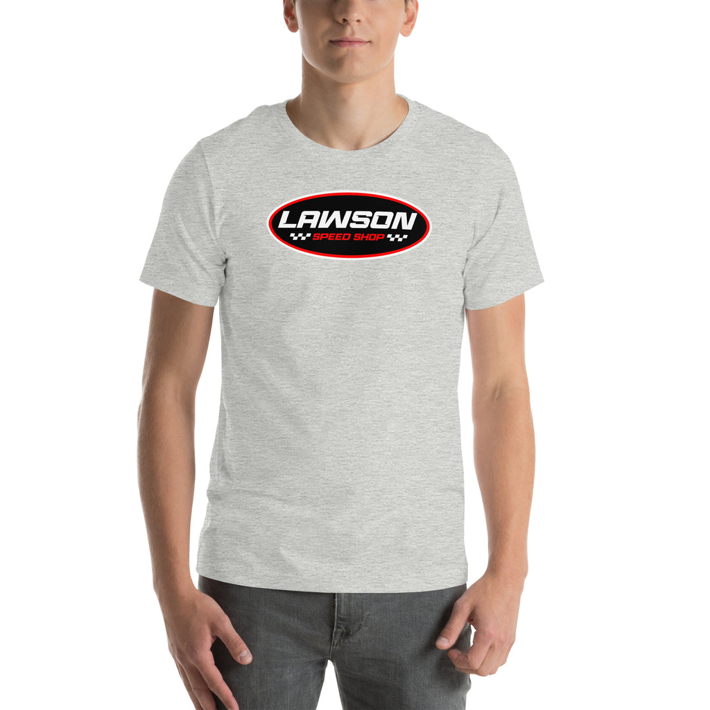 A Man Wears a Light Grey Heather Lawson Speed Shop Unisex T Shirt.