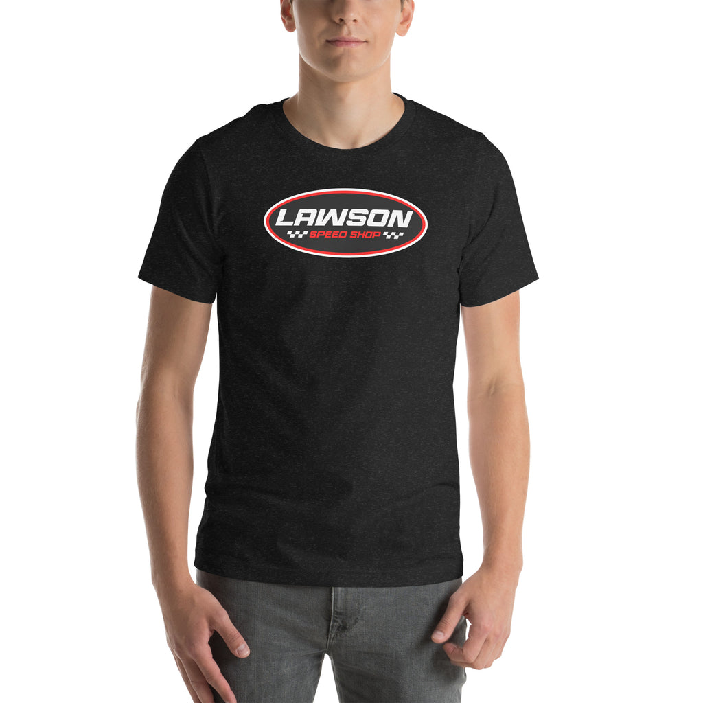 A Man Wears a Black Heather Lawson Speed Shop Unisex T Shirt.