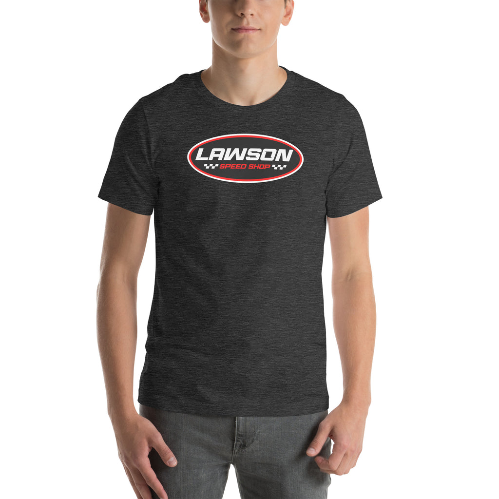 A Man Wears a Dark Grey Lawson Speed Shop Unisex T Shirt.