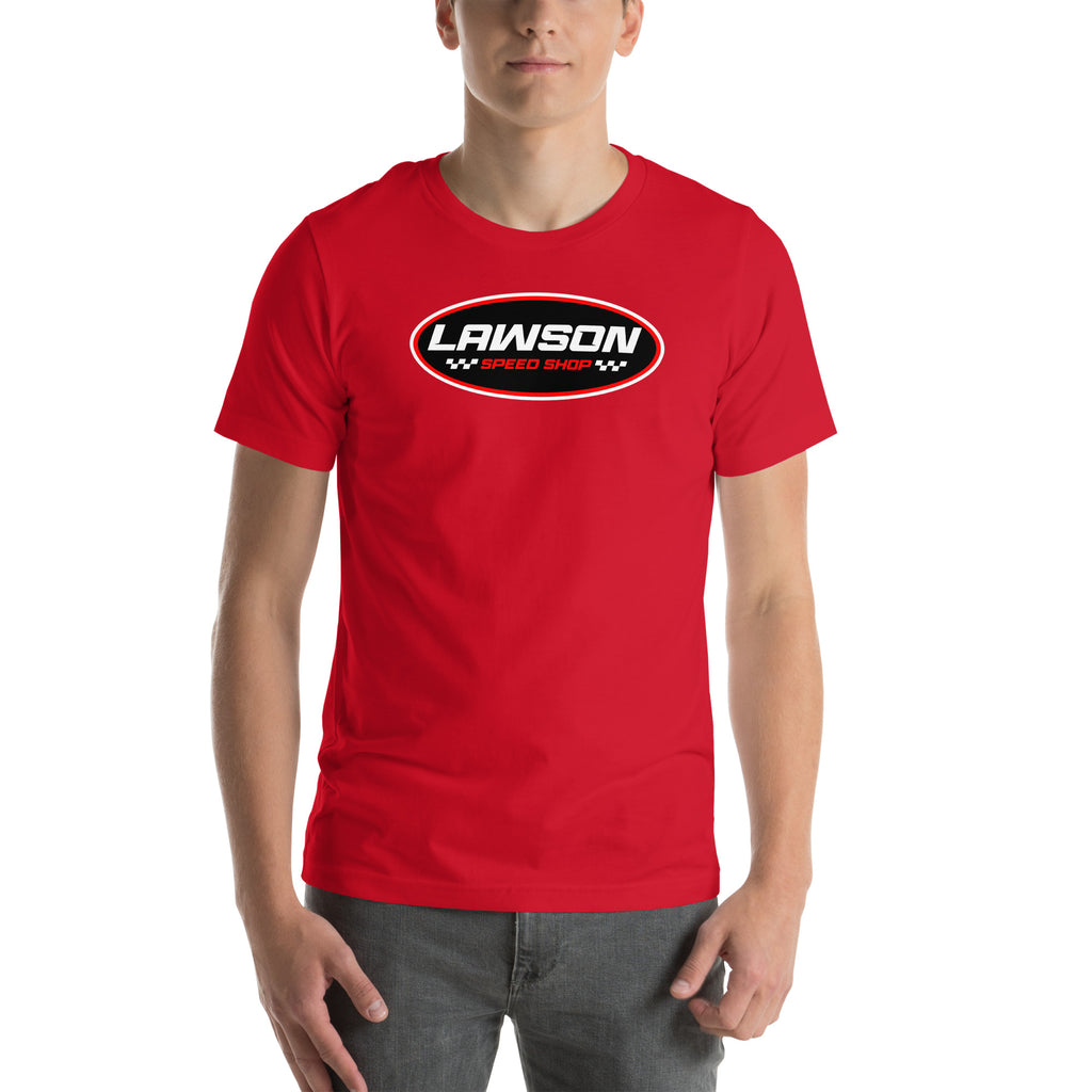 A Man Wears a Red Lawson Speed Shop Unisex T Shirt.
