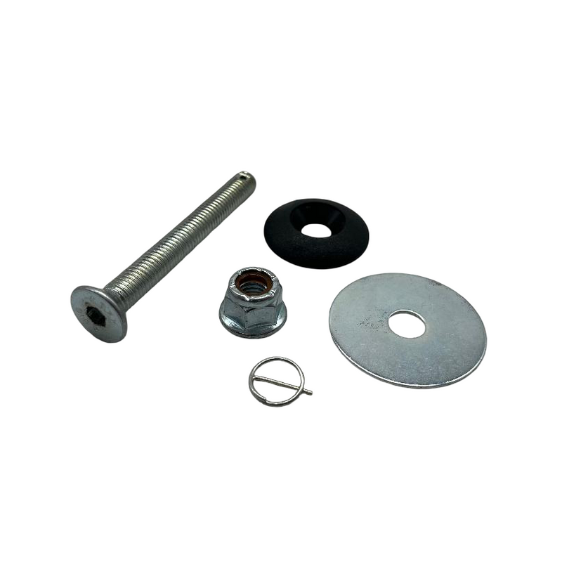 Set of metal screws and washers on a white background