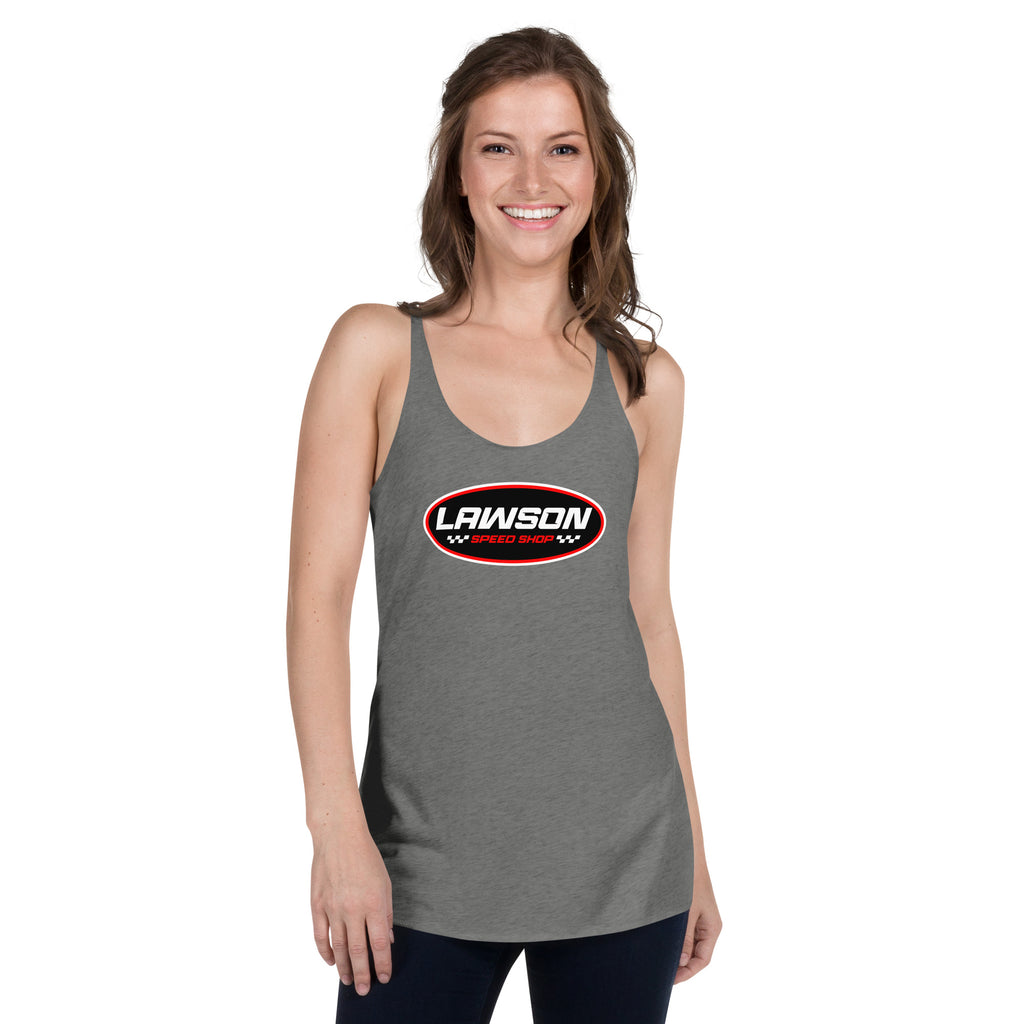 A Smiling Woman Wears a Lawson Speed Shop Grey Heather Racerbank Tank Top.