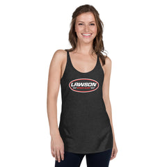 A Smiling Woman Wears a Lawson Speed Shop Vintage Black Racerbank Tank Top.