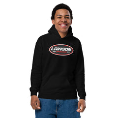 A Smiling Kid Looking Forward Wearing a Black Lawson Speed Shop Youth Heavy Blend Hoodie.