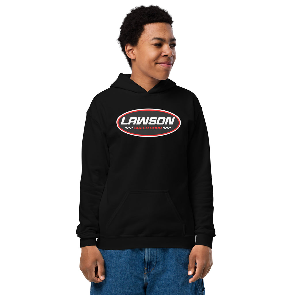 A Smiling Kid Looking Off to the Right Wearing a Black Lawson Speed Shop Youth Heavy Blend Hoodie.