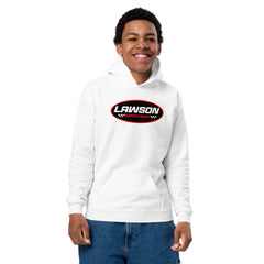 A Smiling Kid Looking Forward Wearing a White Lawson Speed Shop Youth Heavy Blend Hoodie.