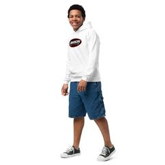 A Smiling Kid Poses Looking Forward Wearing a White Lawson Speed Shop Youth Heavy Blend Hoodie.