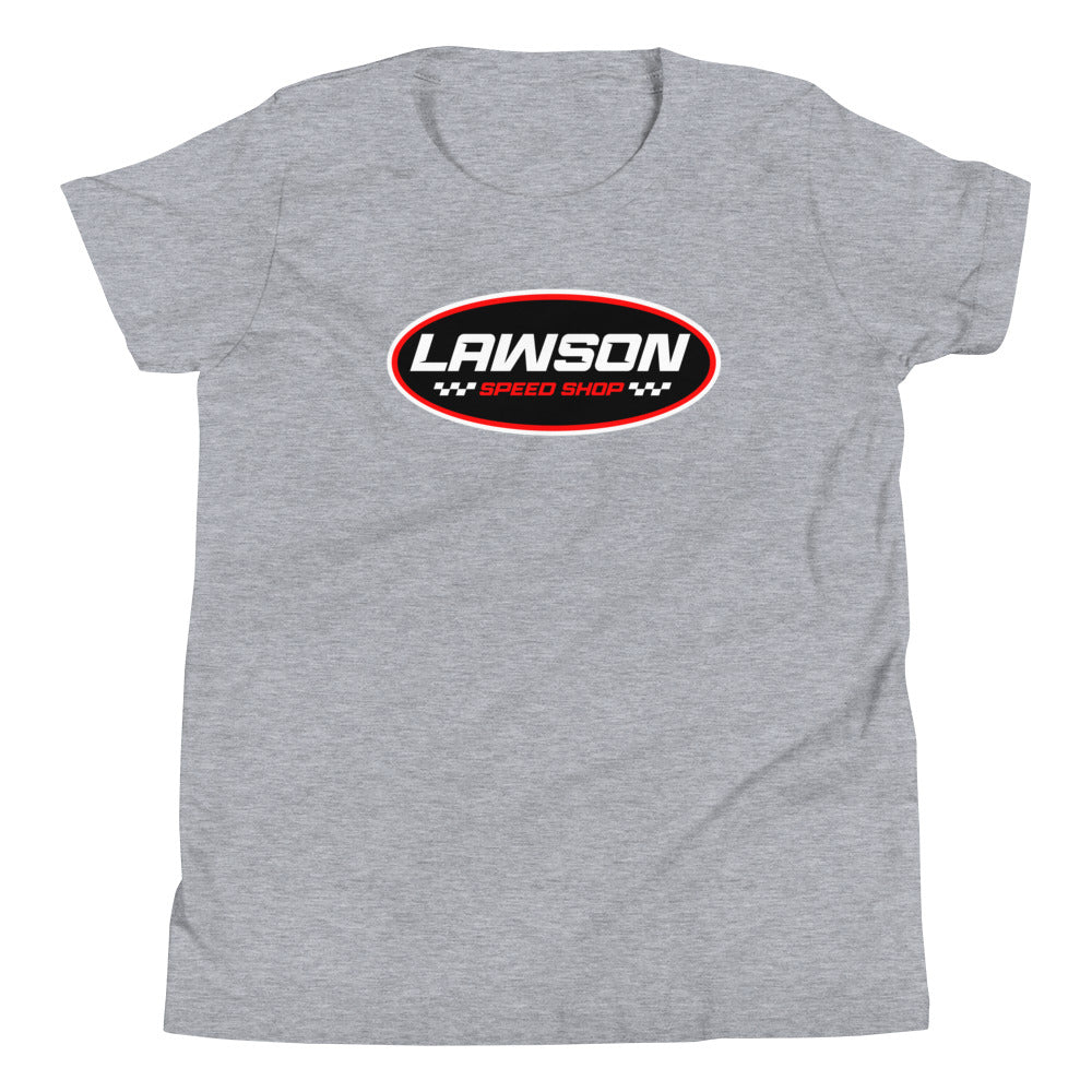 Front of a Light Grey Heather Lawson Speed Shop Youth Short Sleeve T Shirt.