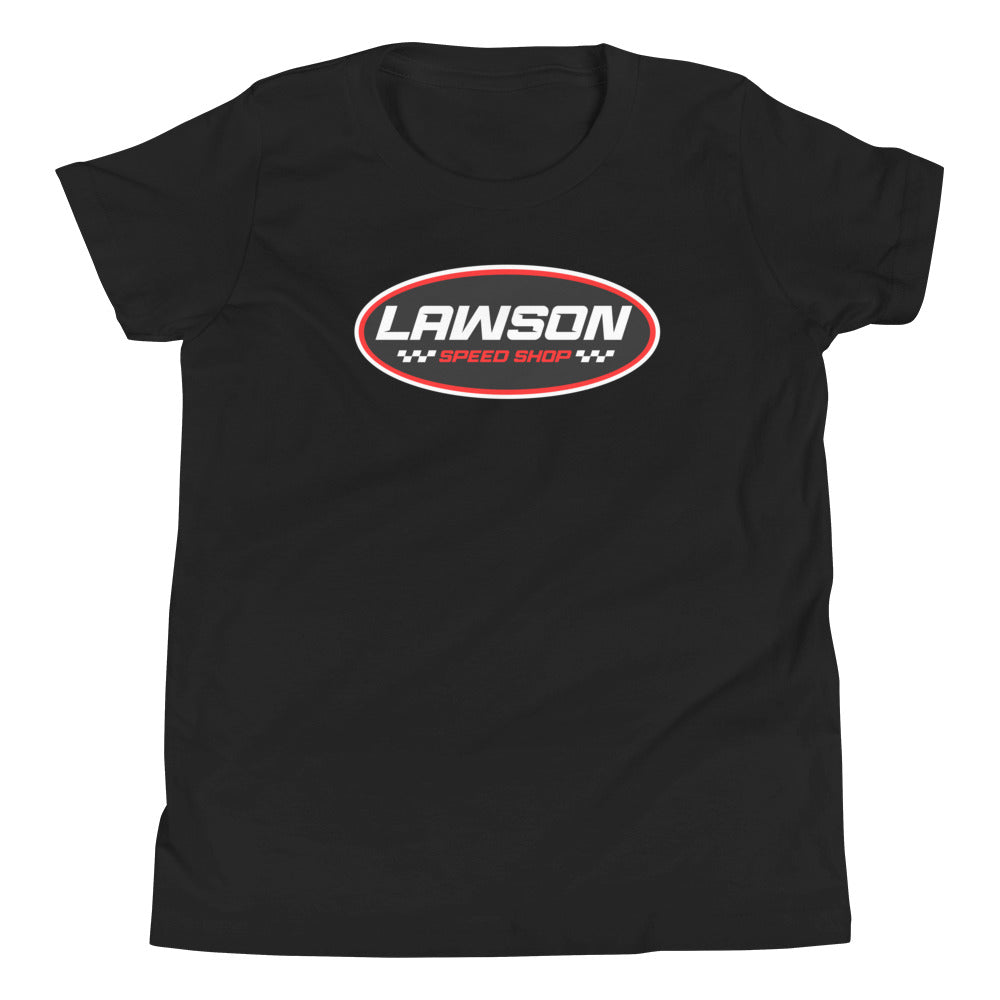 Front of a Black Lawson Speed Shop Youth Short Sleeve T Shirt.