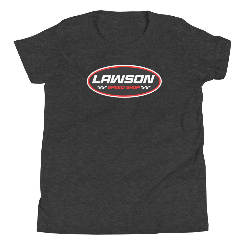 Front of a Dark Grey Heather Lawson Speed Shop Youth Short Sleeve T Shirt.