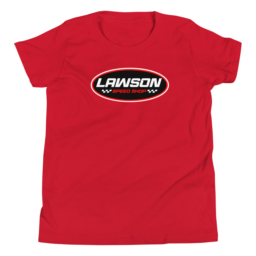 Front of a Red Lawson Speed Shop Youth Short Sleeve T Shirt.