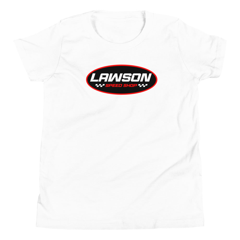 Front of a White Lawson Speed Shop Youth Short Sleeve T Shirt.