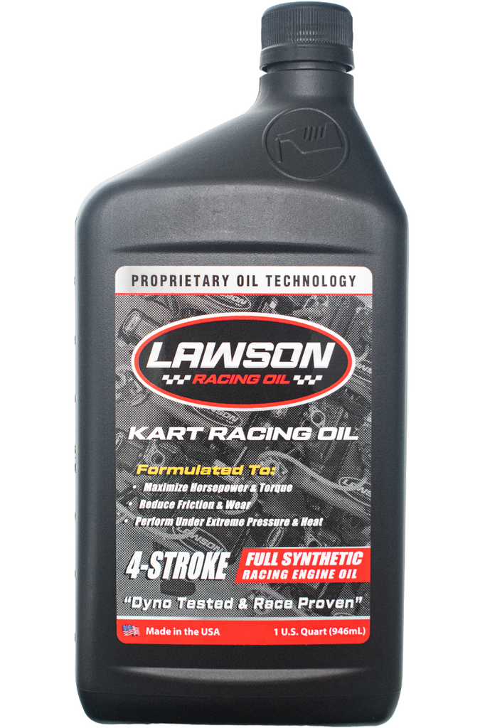Front of a Lawson Racing Oil Black Quart Bottle.