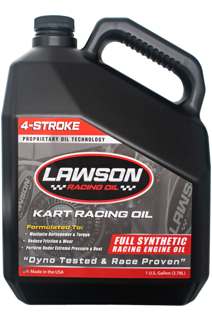 Front of a Lawson Racing Oil Black Gallon Bottle.