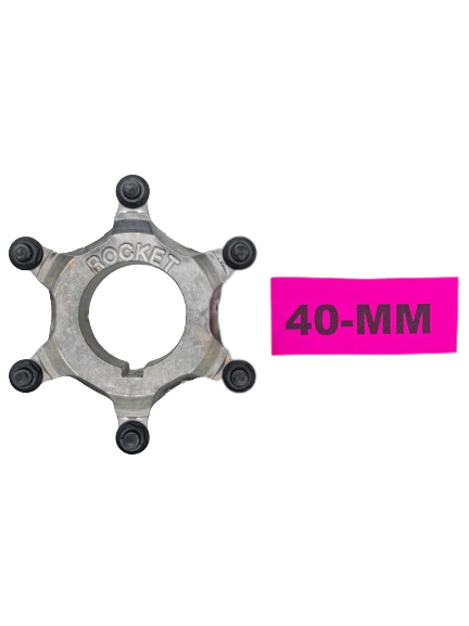 Top Down View of an Accelerator Rocket Sprocket 40mm Mini Sprocket Hub with a 40mm Pink Tag to the Right of It.