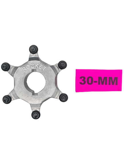 Top Down View of an Accelerator Rocket Sprocket 30mm Mini Sprocket Hub with a 30mm Pink Tag to the Right of It.