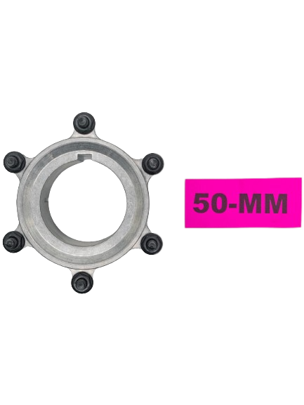 Top Down View of an Accelerator Rocket Sprocket 50mm Mini Sprocket Hub with a 50mm Pink Tag to the Right of It.