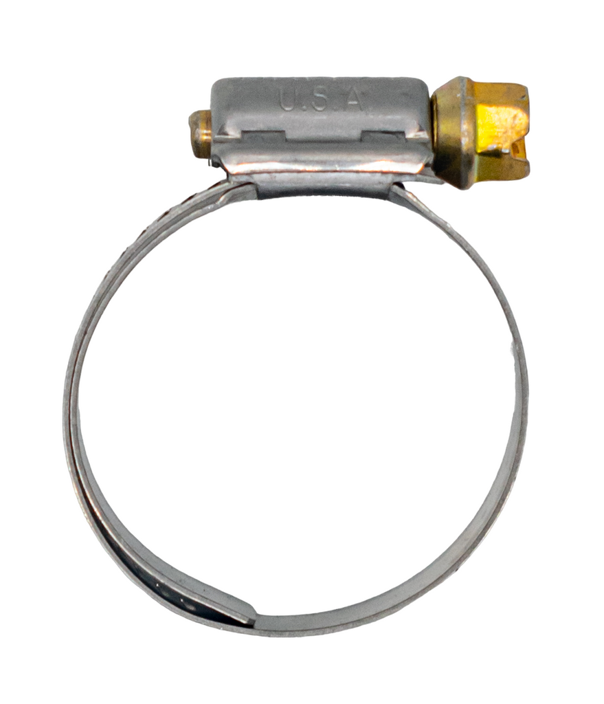 Overhead View of an LO206 Heavy Duty Stainless Steel Exhaust Hose Clamp with Bronze Colored Bolt in It.