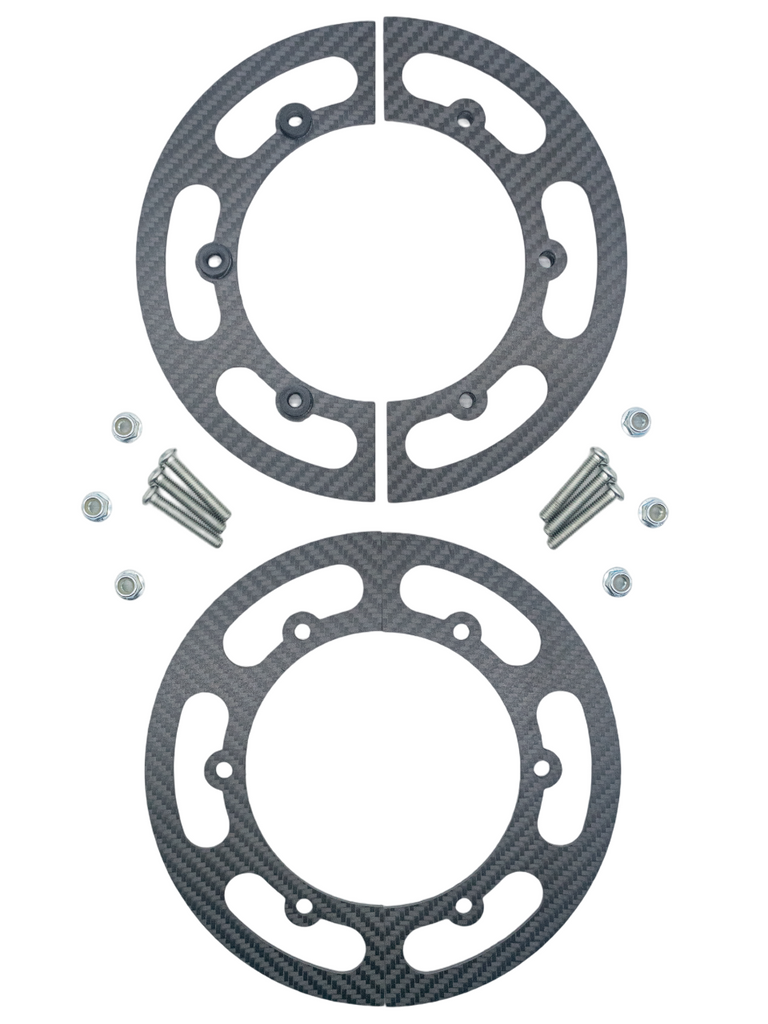 Top Down View of a Carbon Fiber Lightweight Mini Sprocket Guard with Metric Hardware and Aluminum Inserts.