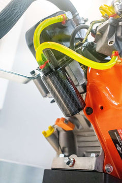 Low Angle View of the Black Carbon Fiber Lightweight Catch Can on a Lawson Speed Shop LO206 Motor.
